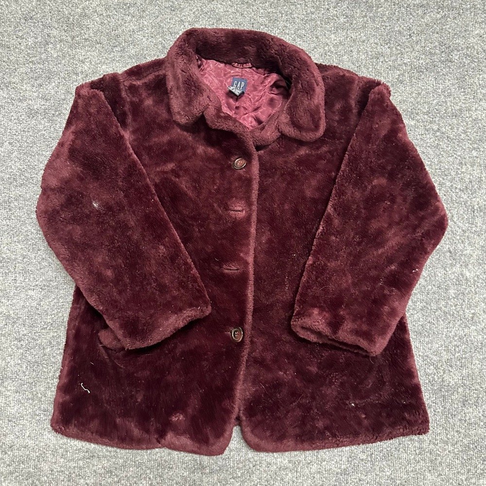 Gap Faux Fur Jacket Womens Size XL Burgundy Maroon Plush Button Up Winter Coat